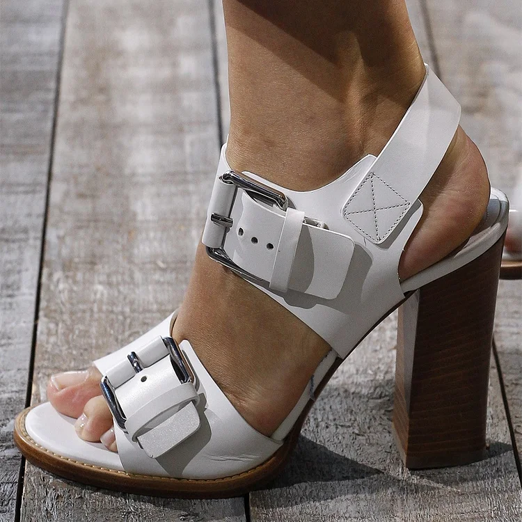 Women's Open Toe Buckle Chunky Heels Slingback Sandals |FSJ Shoes