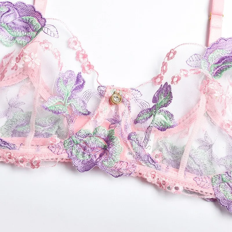 Billionm Pink Floral Lingerie Set Women Underwear Lace Transparent Bra Panties Sexy Push Up Bras Fancy Ladies Embroider Costumes for Sex
