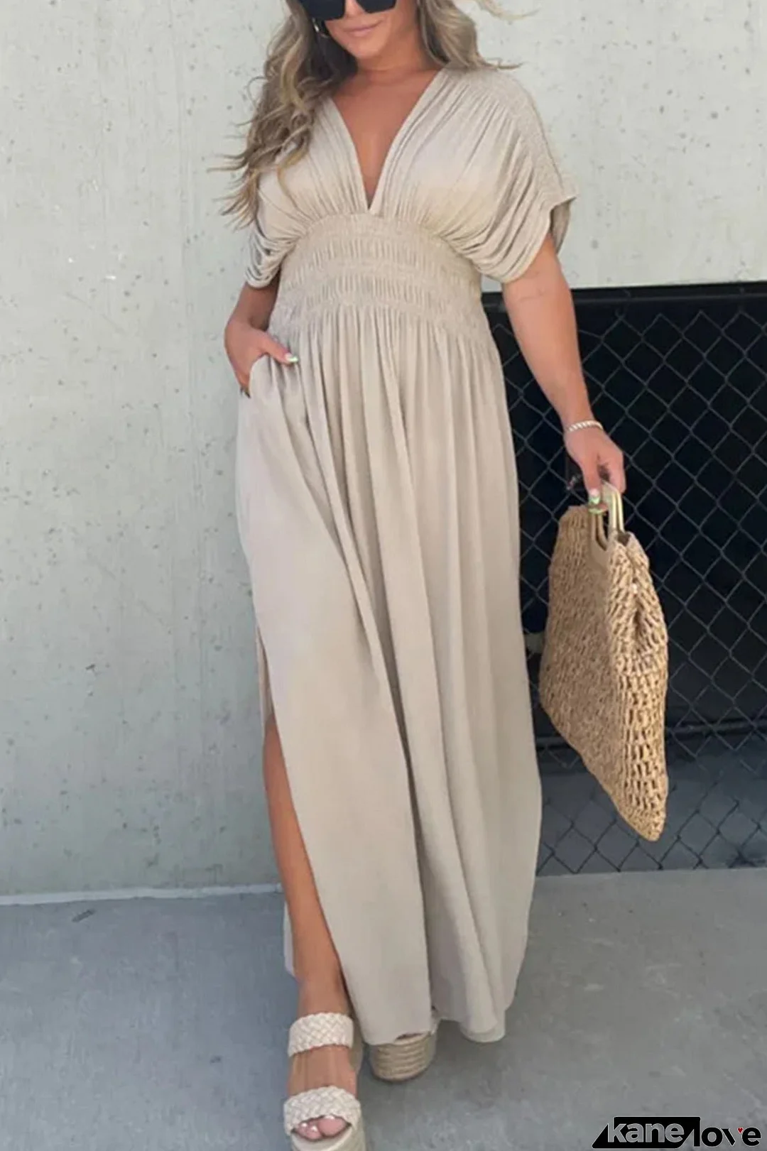 V Neck Bat Sleeve Smocked Waist Slit Dress