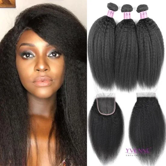 Free Shipping Yvonne Hair Kinky Straight 3 Bundles With 4x4 Lace Closure Brazilian Virgin Hair