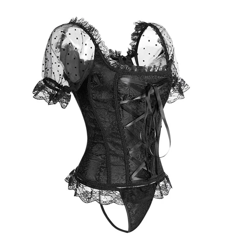 Gothic Sexy Corset Lace Up boned Overbust Bustier Belt Waist Bandage Shapers Short Sleeve Dancer Dress Top + G-string Skirt XXL