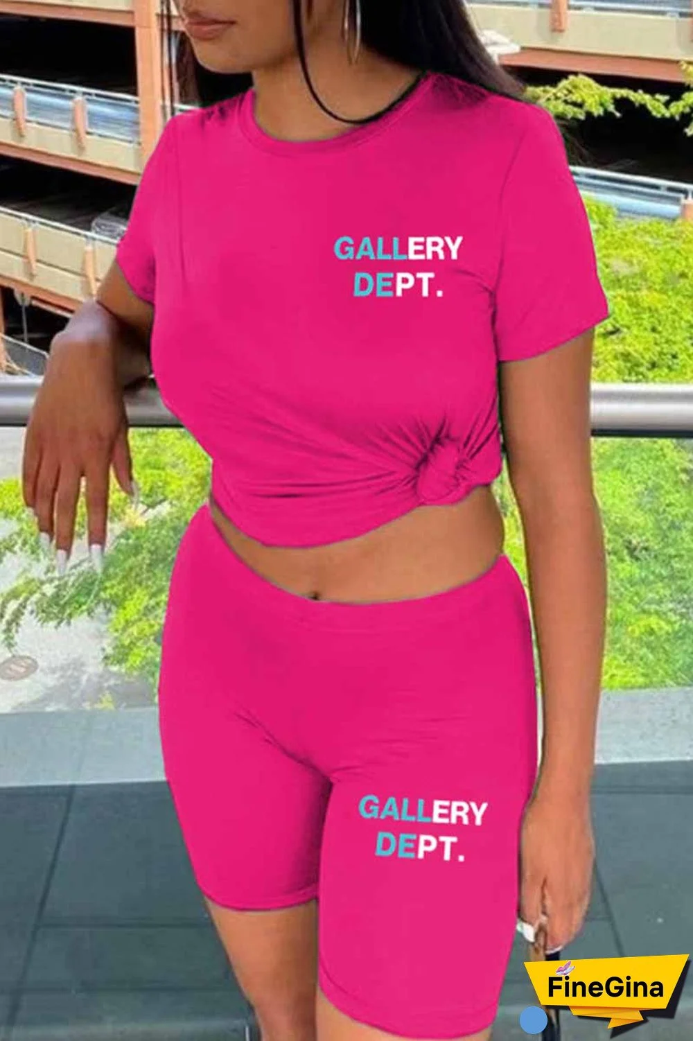 Rose Red Casual Print Letter O Neck Short Sleeve Two Pieces