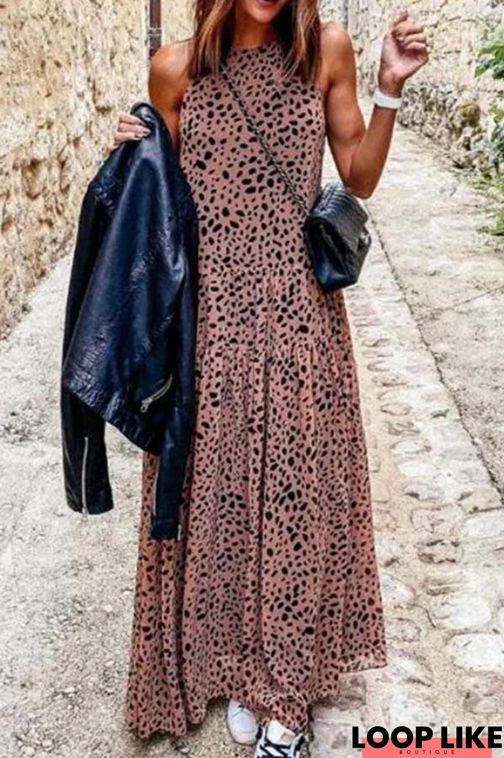 Leopard Print Paneled Elegant Sleeveless Maxi Dress