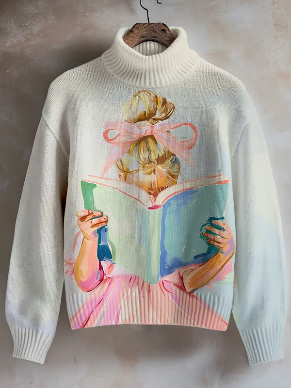 Women's Girl Reading Enthusiast Art Print High Neck Knit Sweatshirt