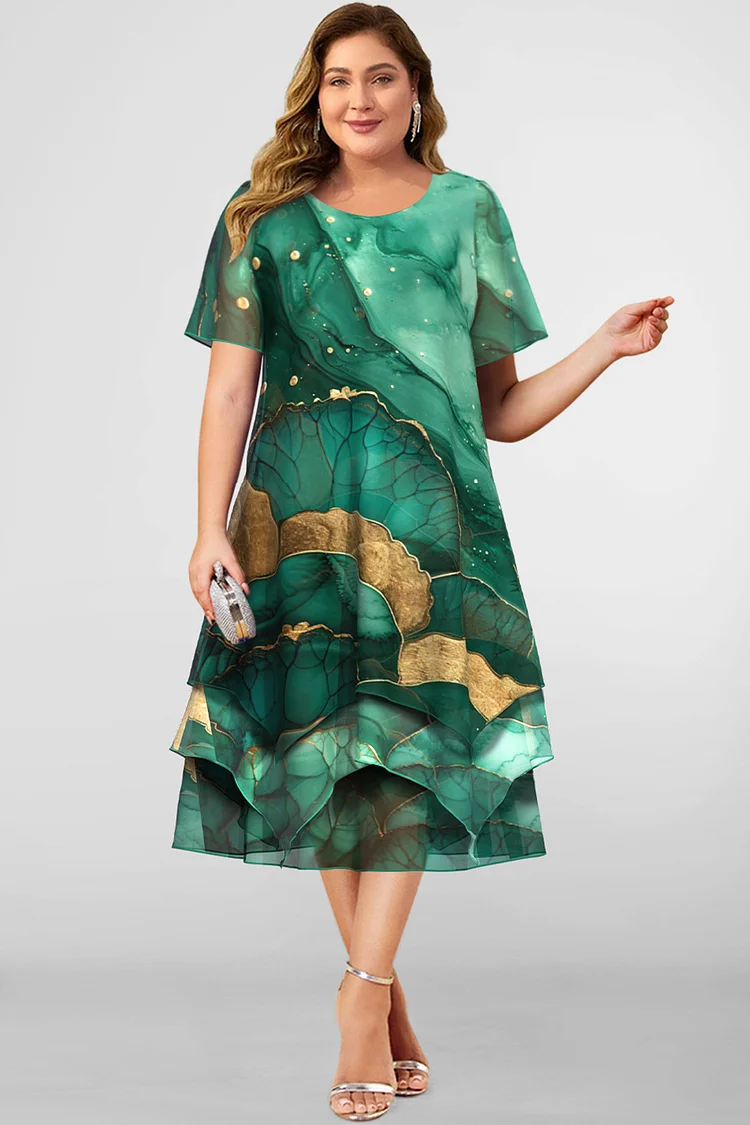 Flycurvy Plus Size Everyday Green Chiffon Layered Floral Print Round Neck Tea-length Dress  Flycurvy [product_label]