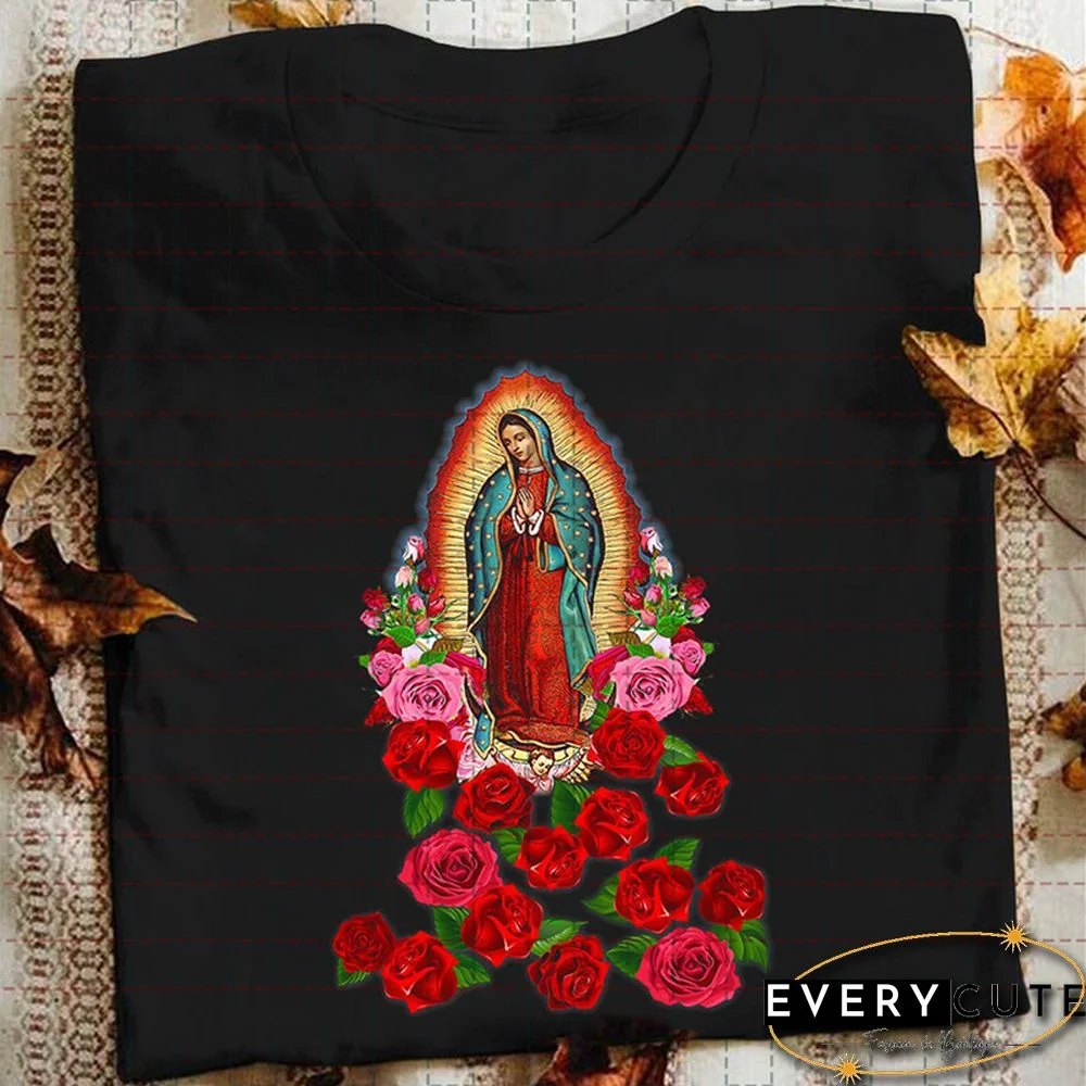 Religious Women Tshirt Cotton Virgin Mary T Shirt Causal Our LadyOf Guadalupe Tshirt Saint Christian Clothes Catholic T Shirts