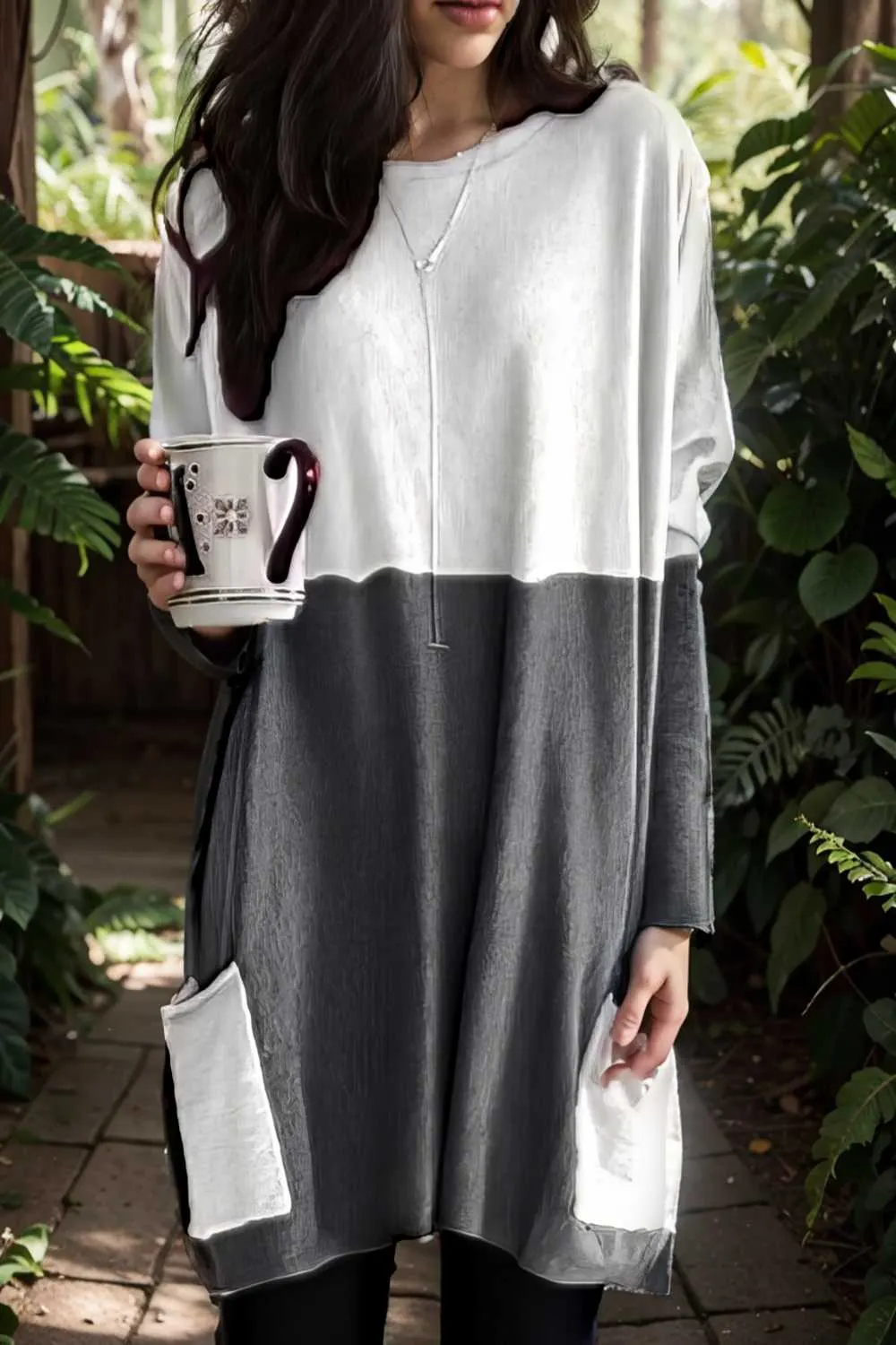 two color stitching pocket loose long sleeve t shirt