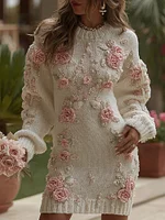 Women's Vintage Rose Art Cozy Knit Mini Sweater Dress