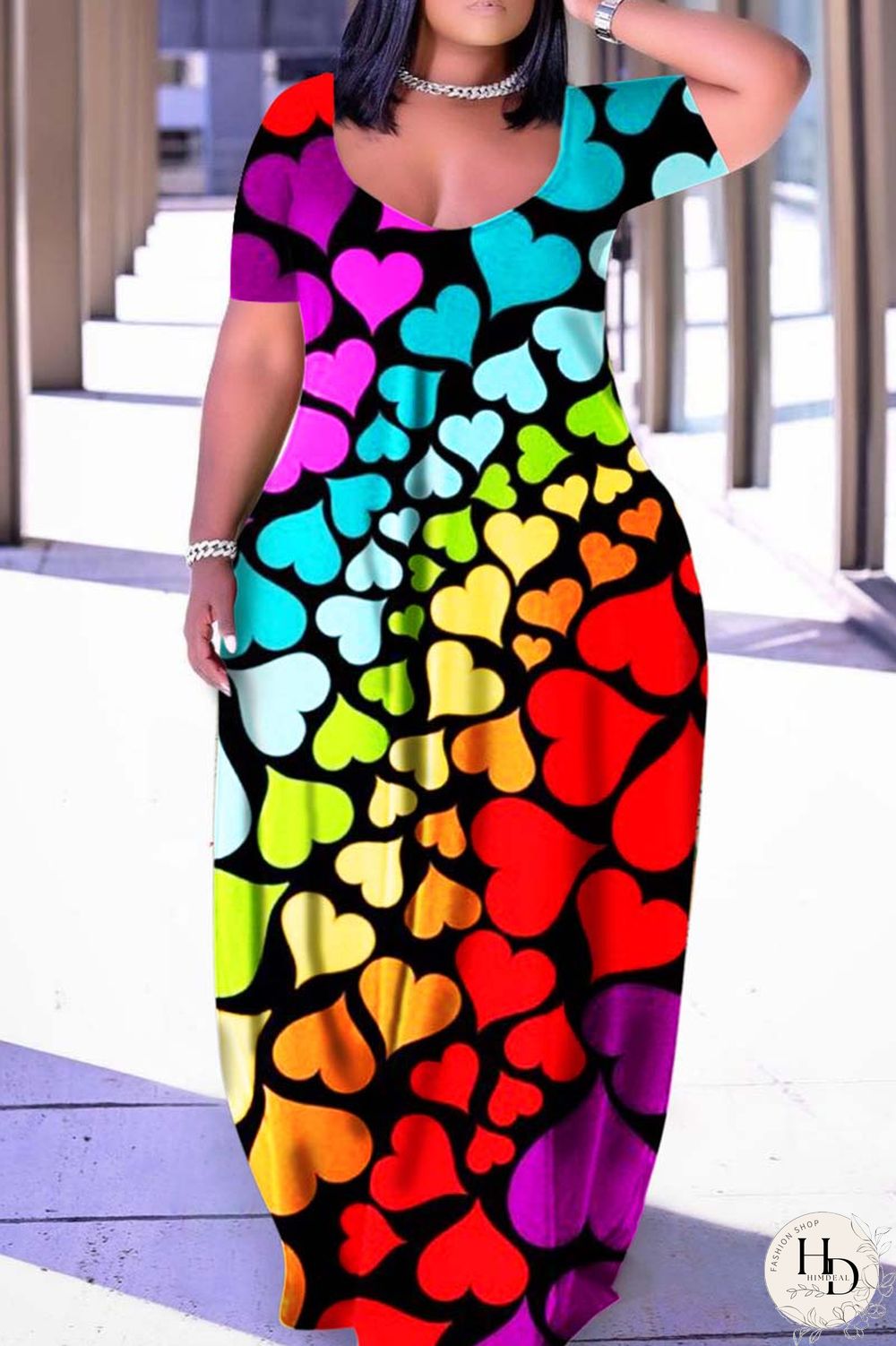 Apricot Casual Print Basic V Neck Short Sleeve Dress Plus Size Dresses