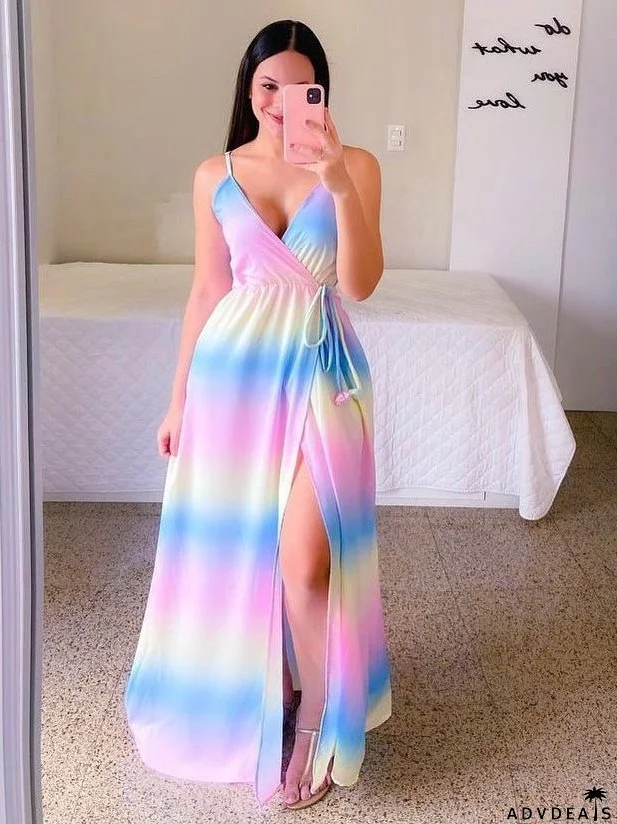 Rainbow Maxi Dress with Button Waist and Printing Slit
