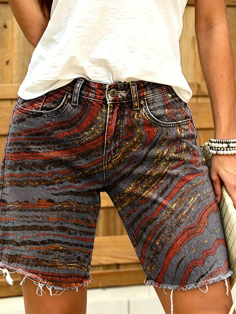 Women's Retro Art Print Casual Washed Cotton Denim Shorts