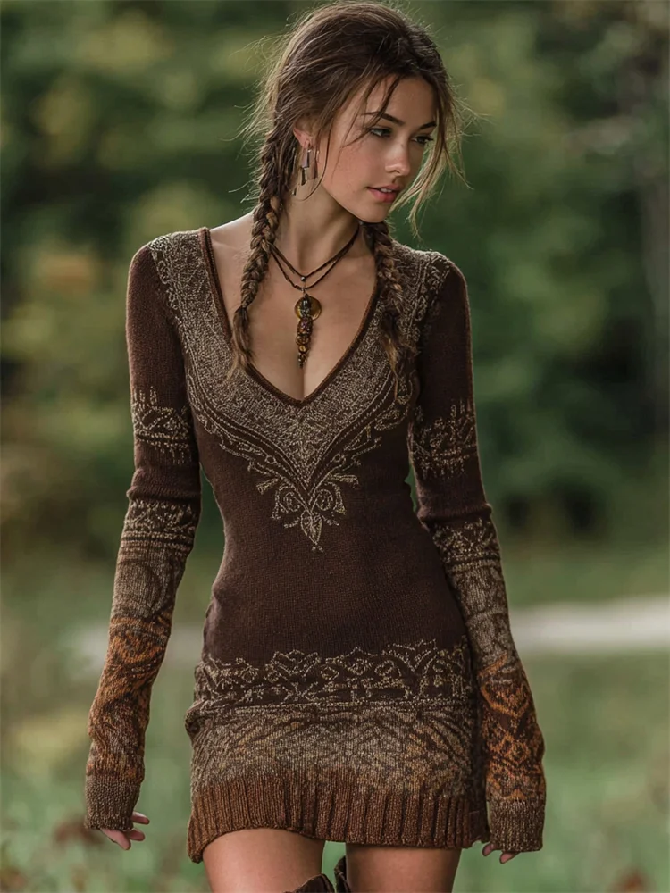 Vintage Mystical Ethnic Contrast V Neck Knit Sweater Dress