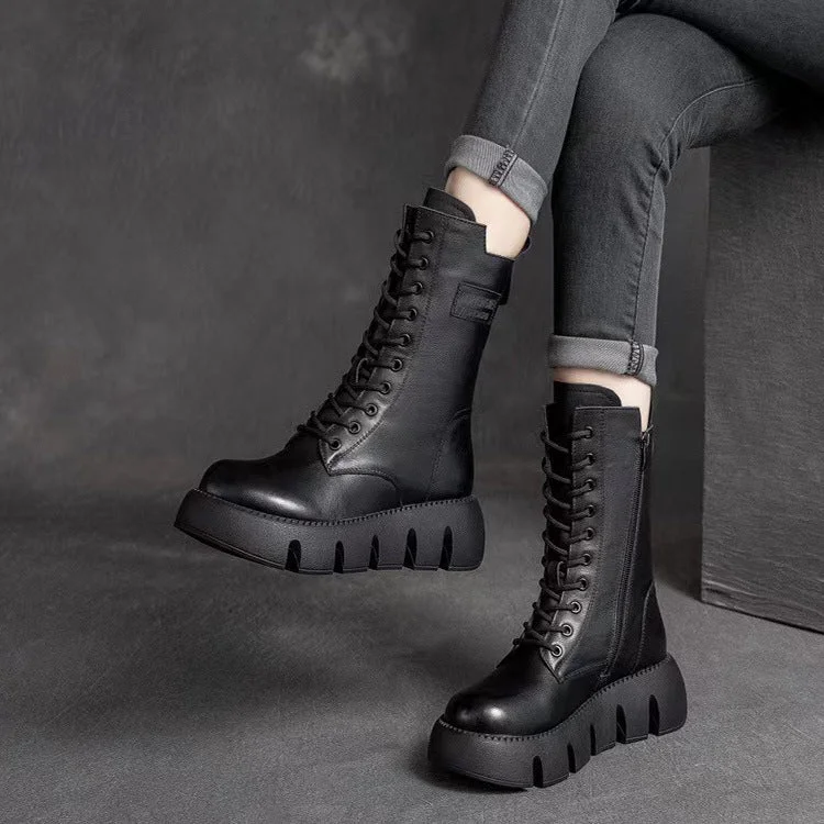 Coachella Cowboy Boots Vintage Martin Boots Cowhide Round Head Knight Boots
