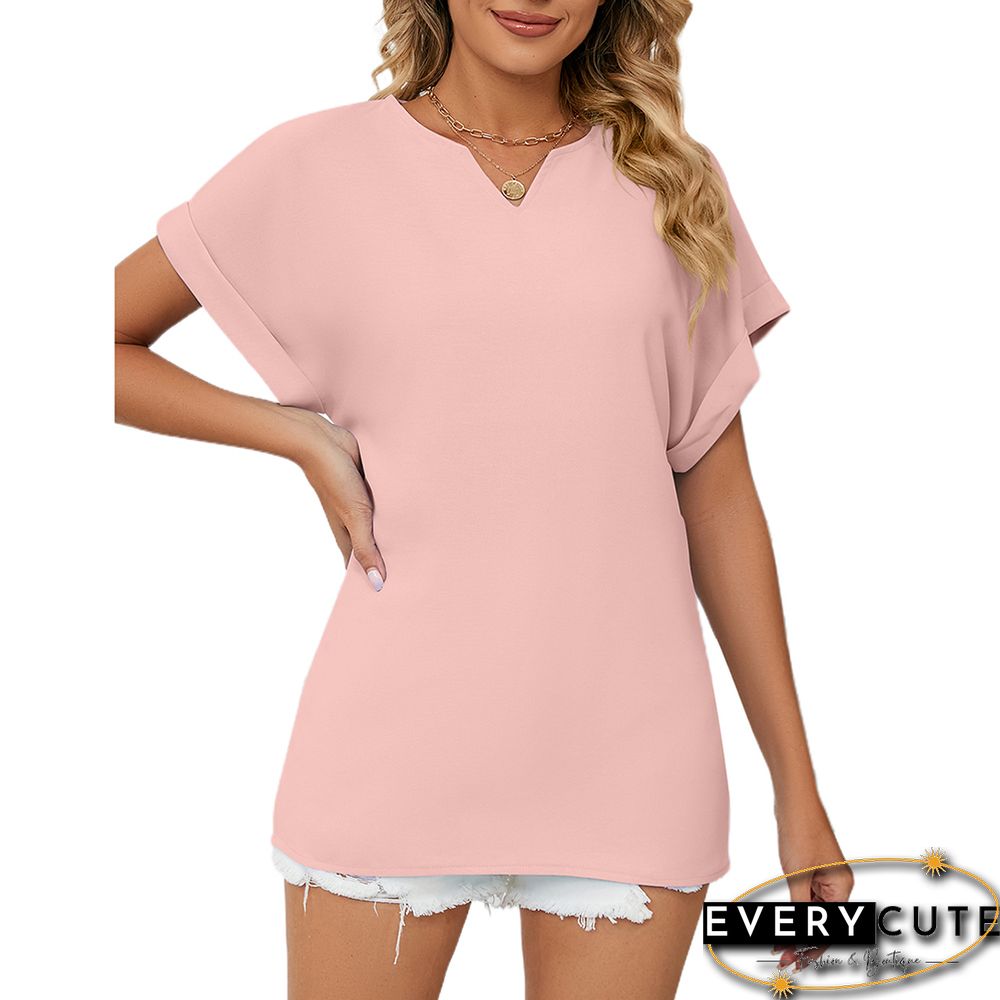 Pink Solid V Neckline Short Sleeve Tops
