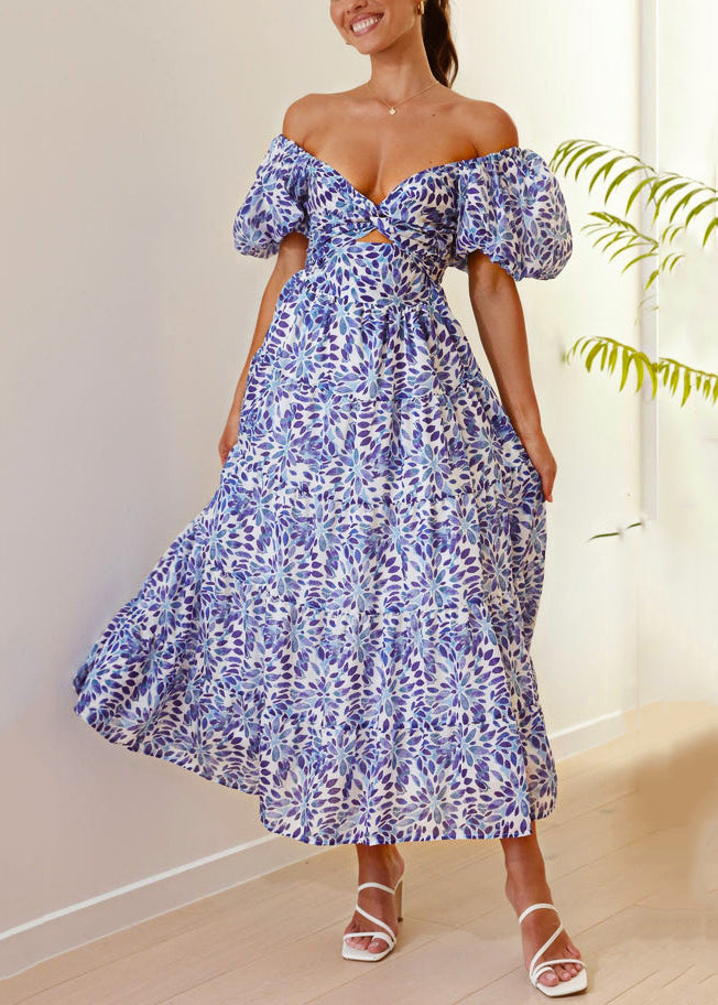 VCSHOES Purple V Neck Print Cotton Dress Puff Sleeve