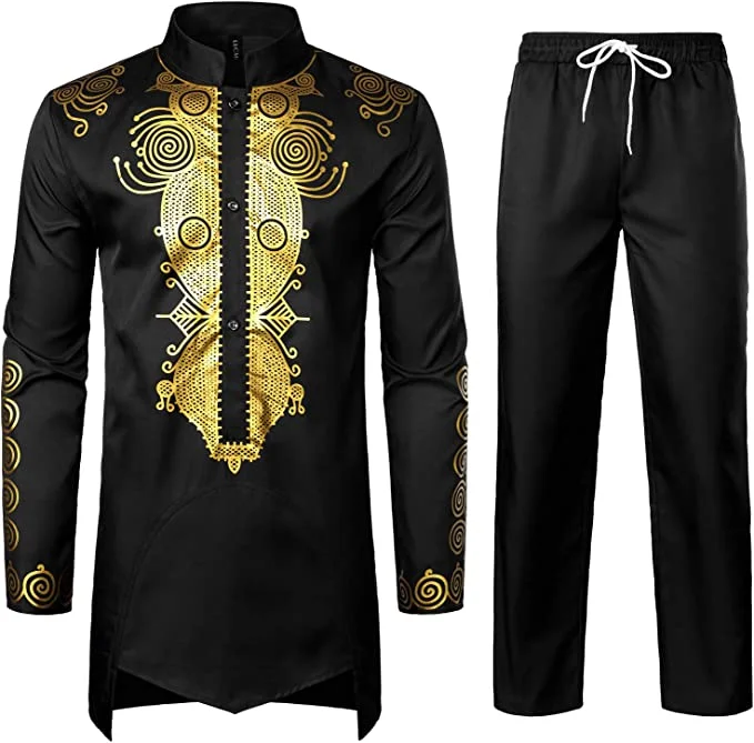 Men's casual black and gold print two-piece set