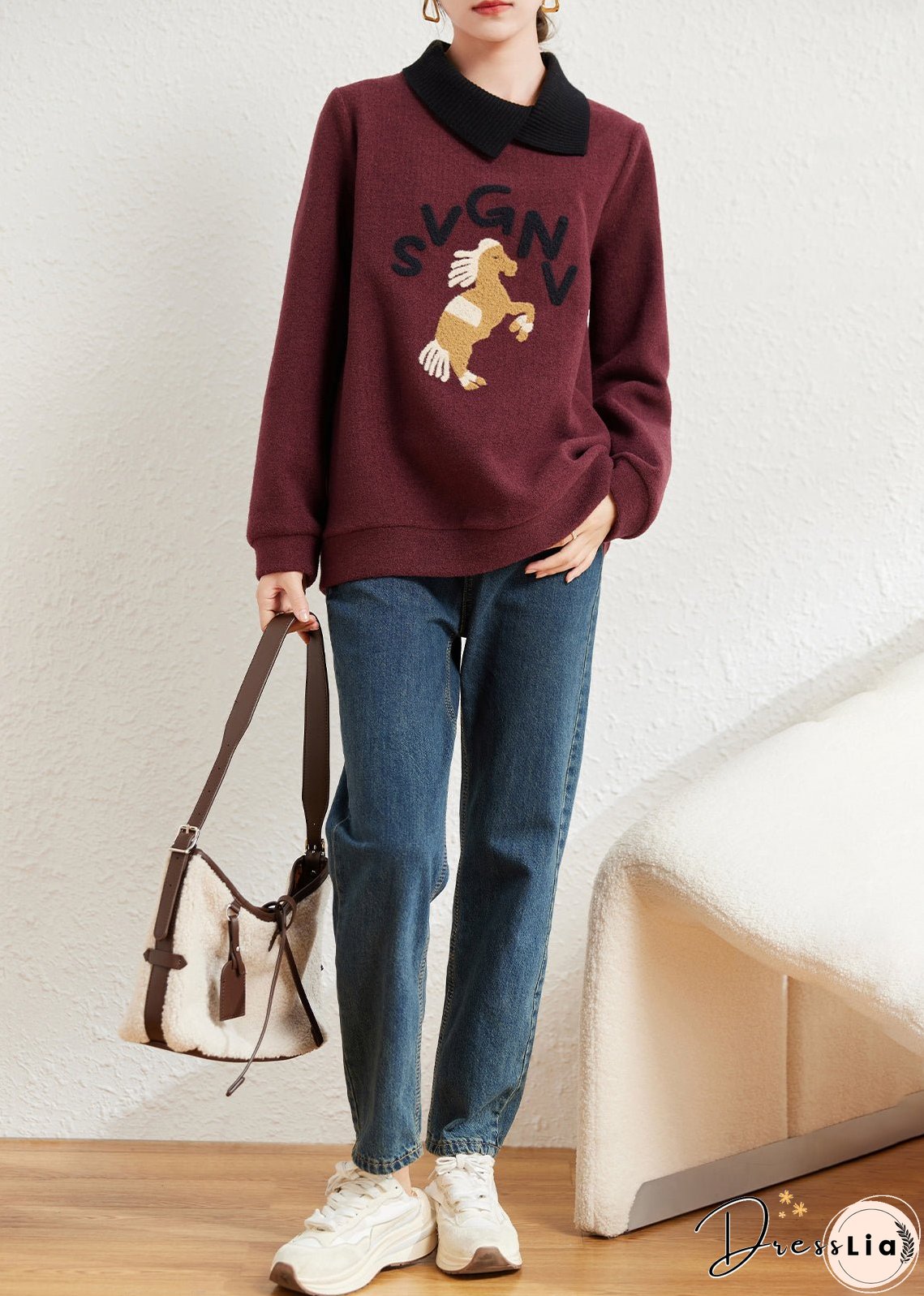 Natural Mulberry Peter Pan Collar Patchwork Horse Cotton Loose Sweatshirts Top Spring