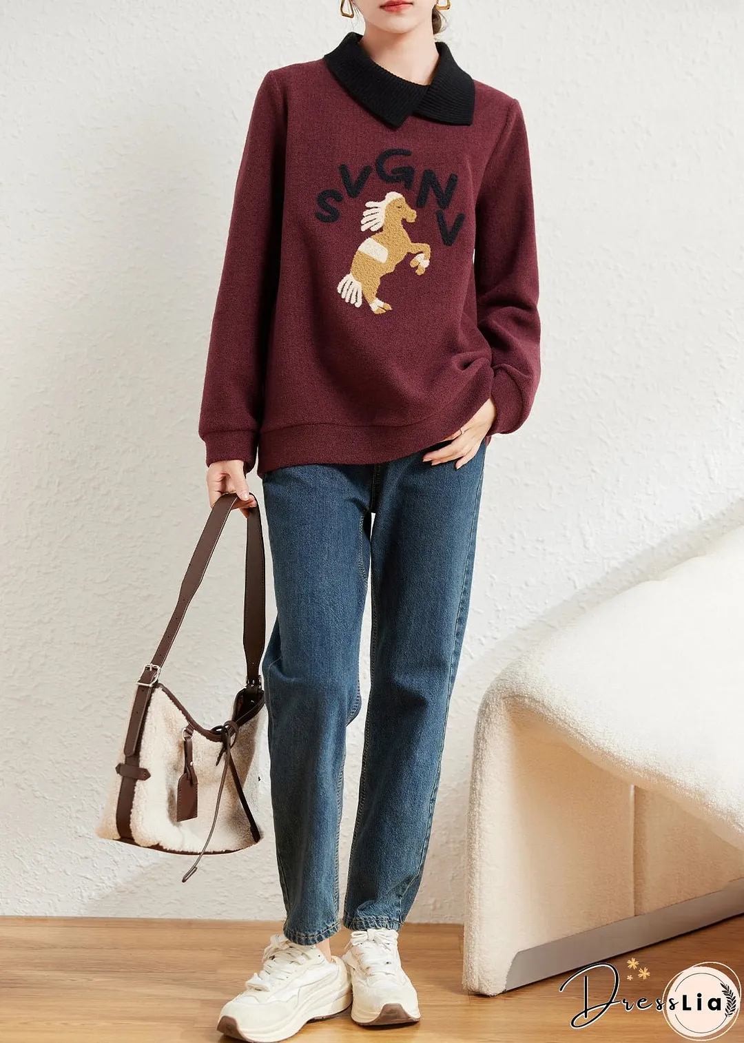 Natural Mulberry Peter Pan Collar Patchwork Horse Cotton Loose Sweatshirts Top Spring