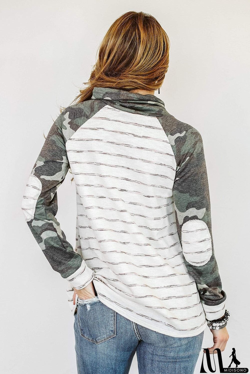 MidiSono - Cowl Neck Striped Camouflage Splice Sweatshirt