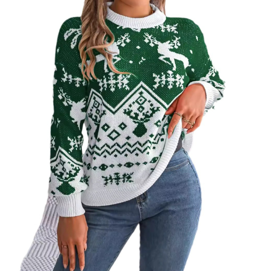 Mature Women Casual Deer Pattern Long Sleeve Christmas Sweater