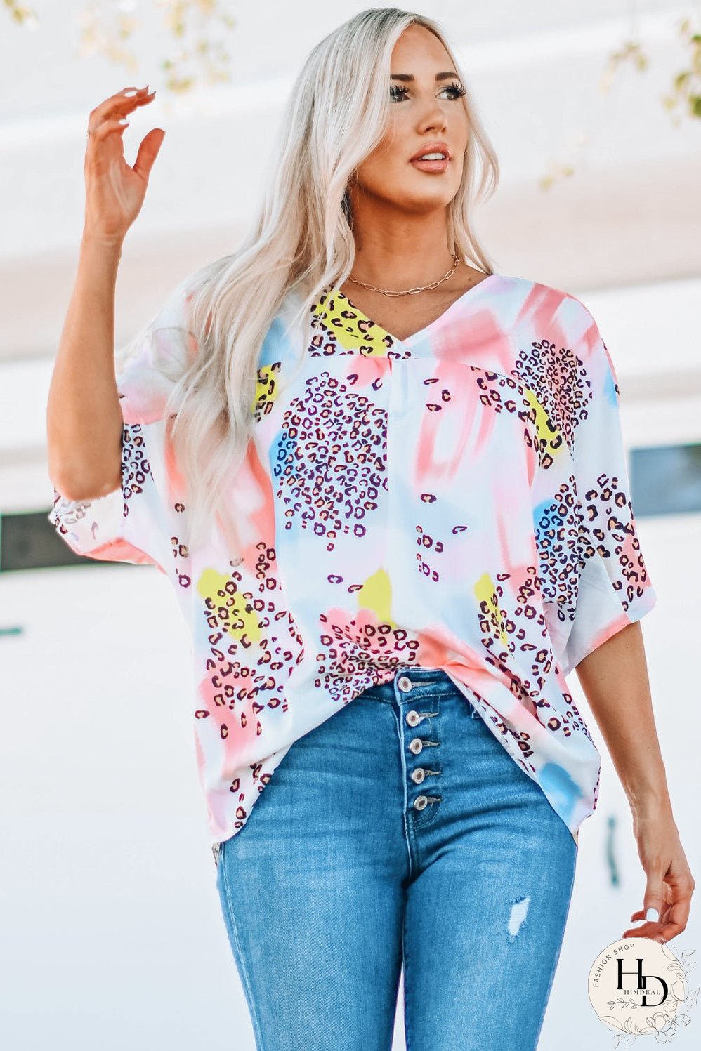 Whimsical Watercolor Animal Print V-Neck Blouse