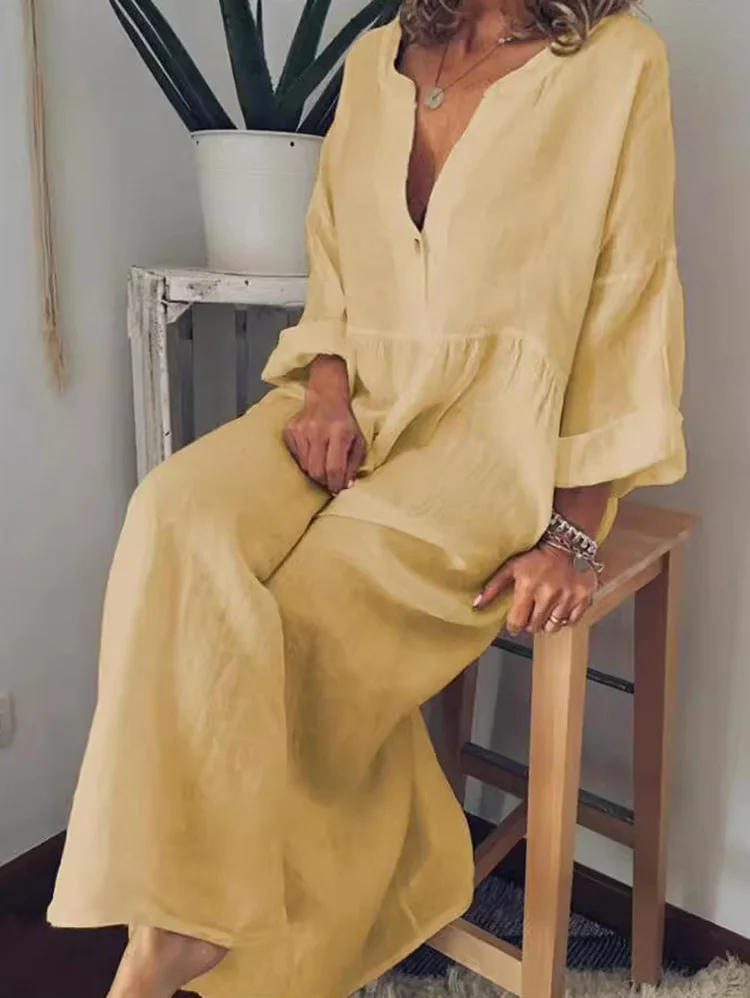 Linen V Neck Long Sleeve Solid Maxi Dress