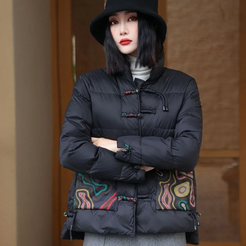 Woherb Chinese Wind Short Down Jacket Female Winter New Plate Buckle National Wind Printing Warm White Duck Down Warm Coat Large Size-Outfit Ideas