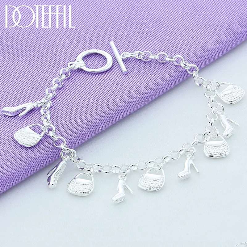 DOTEFFIL 925 Sterling Silver High Heels Bag Pendant Bracelets For Women Jewelry