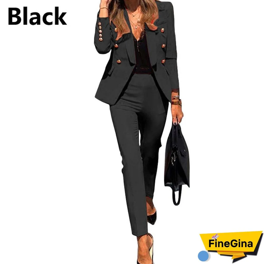 Women's Solid Color Suit Set Work Blazer Formal Business Office Outfits Jacket Pants