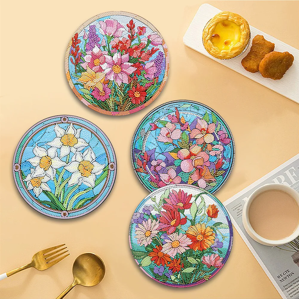 4pcs DIY Bloom Flowers Acrylic Diamond Painted Placemats for Dining Table Decor(19.5cm)
