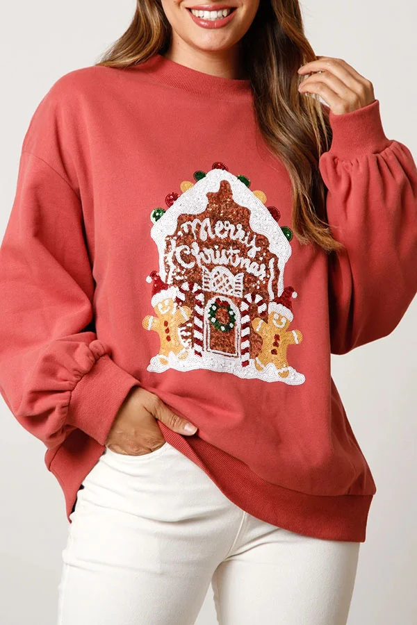 Gingerbread House Sequined Pullover Long Sleeved Sweatshirt