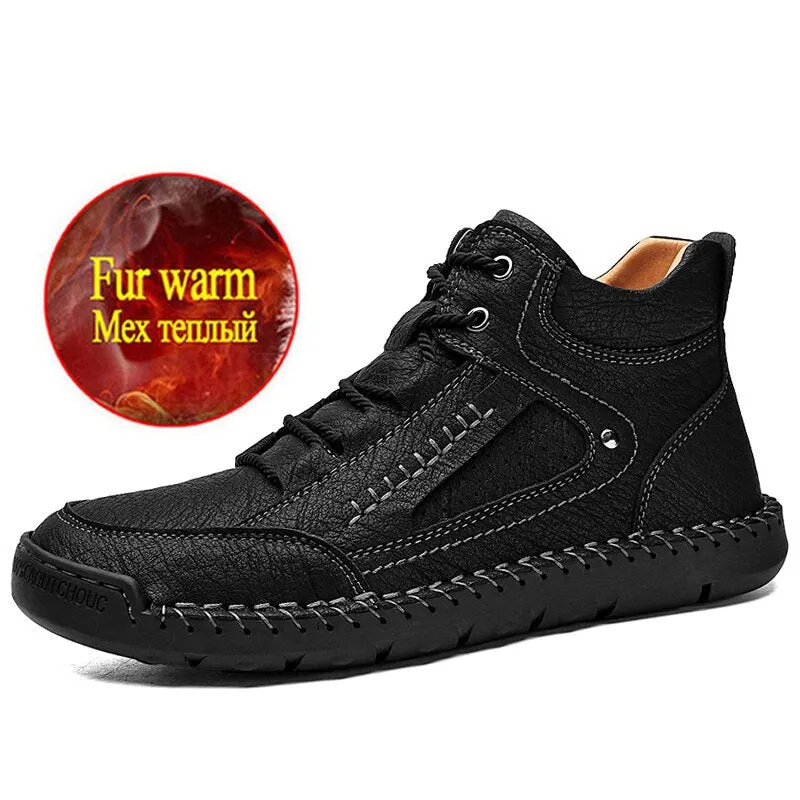 Winter Men's Boots Soft Leather Men's Snow Boots Plush Warm Men's Ankle Boots Handmade Leather Men's Motorcycle Boots Work Shoes