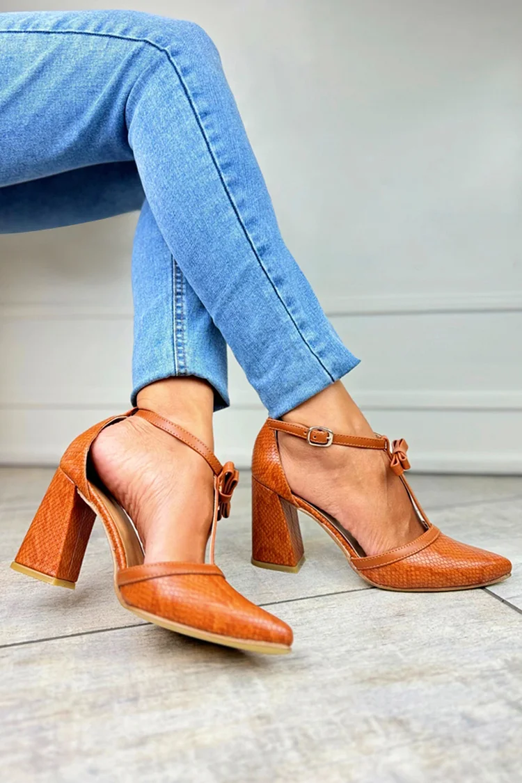 Snake Print Bow T-Strap Buckle Pointed Toe Brown Chunky Heels [Pre Order]
