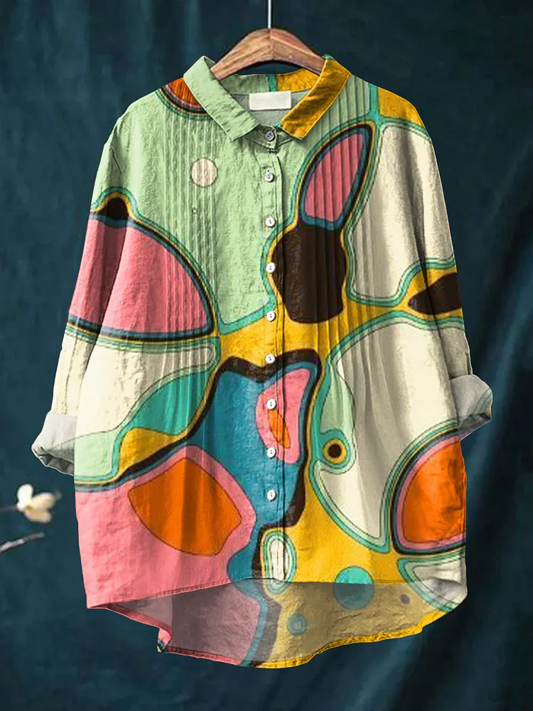 Women's Abstract Multicolor Block Painting Art Print Casual Cotton And Linen Ruffle Shirt