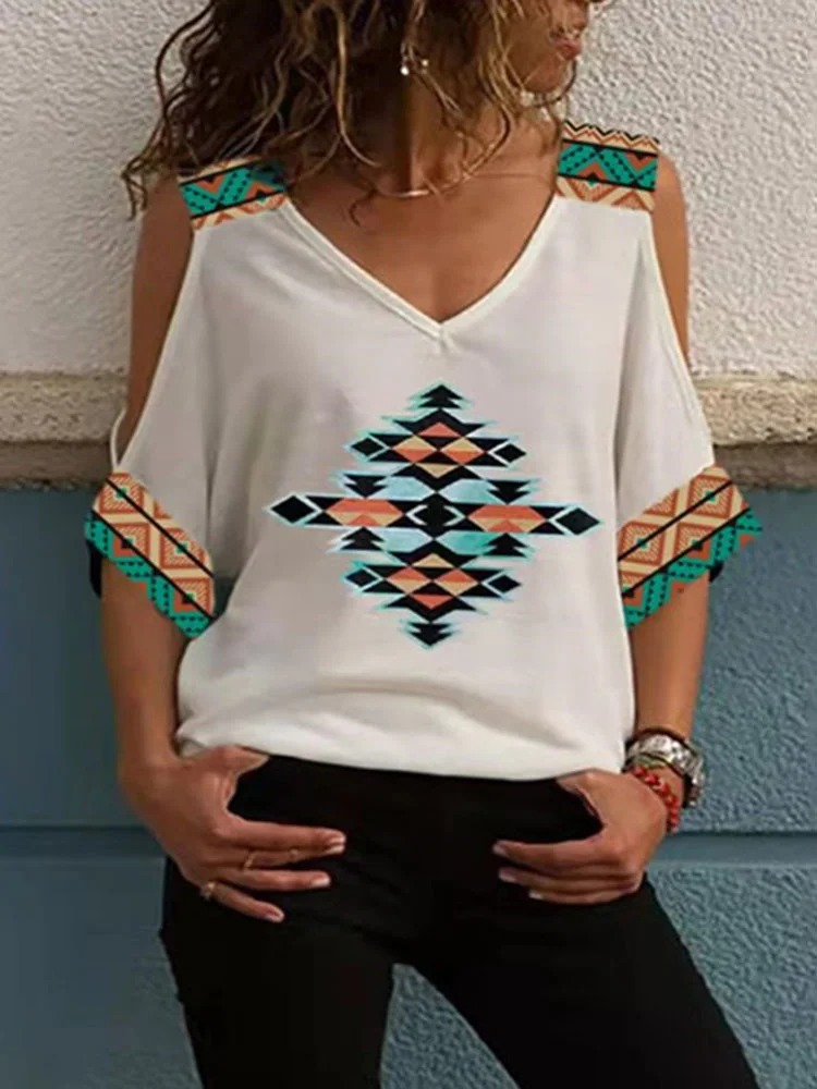 Off Shoulder V-Neck Totem Short Sleeve T-Shirt