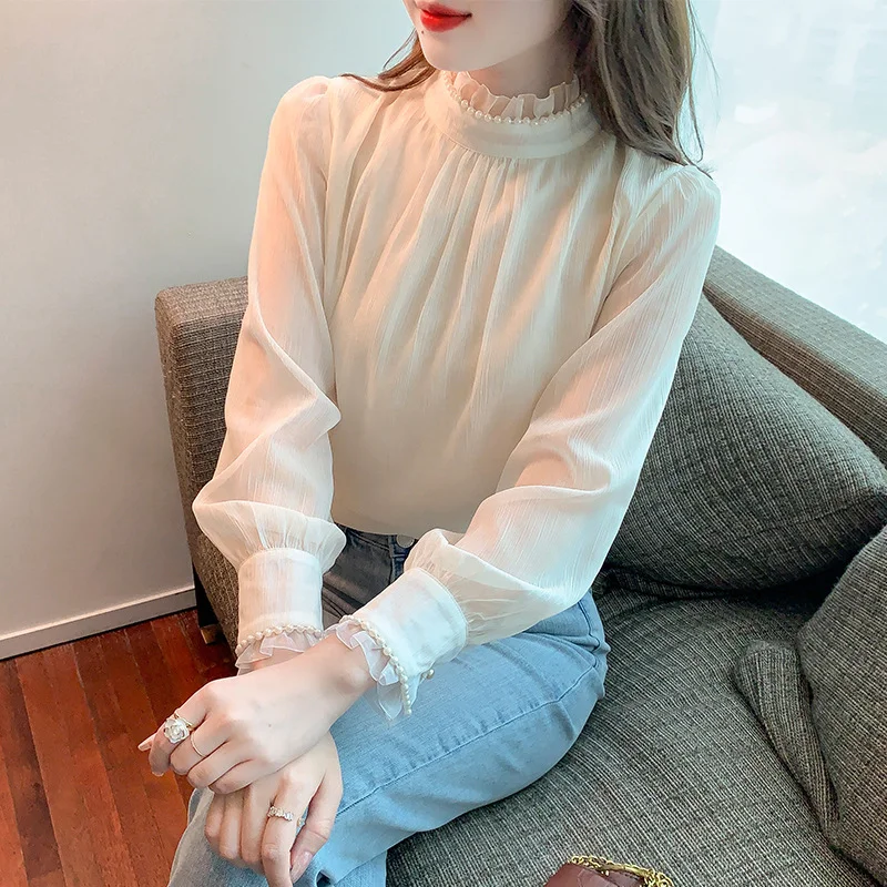 Toloer Toloer Shot Plus Velvet Winter New Sweet Standing Collar Pearl Splicing Decorative Jacket Design Sense Bubble Sleeve Shirt-Outfit Ideas