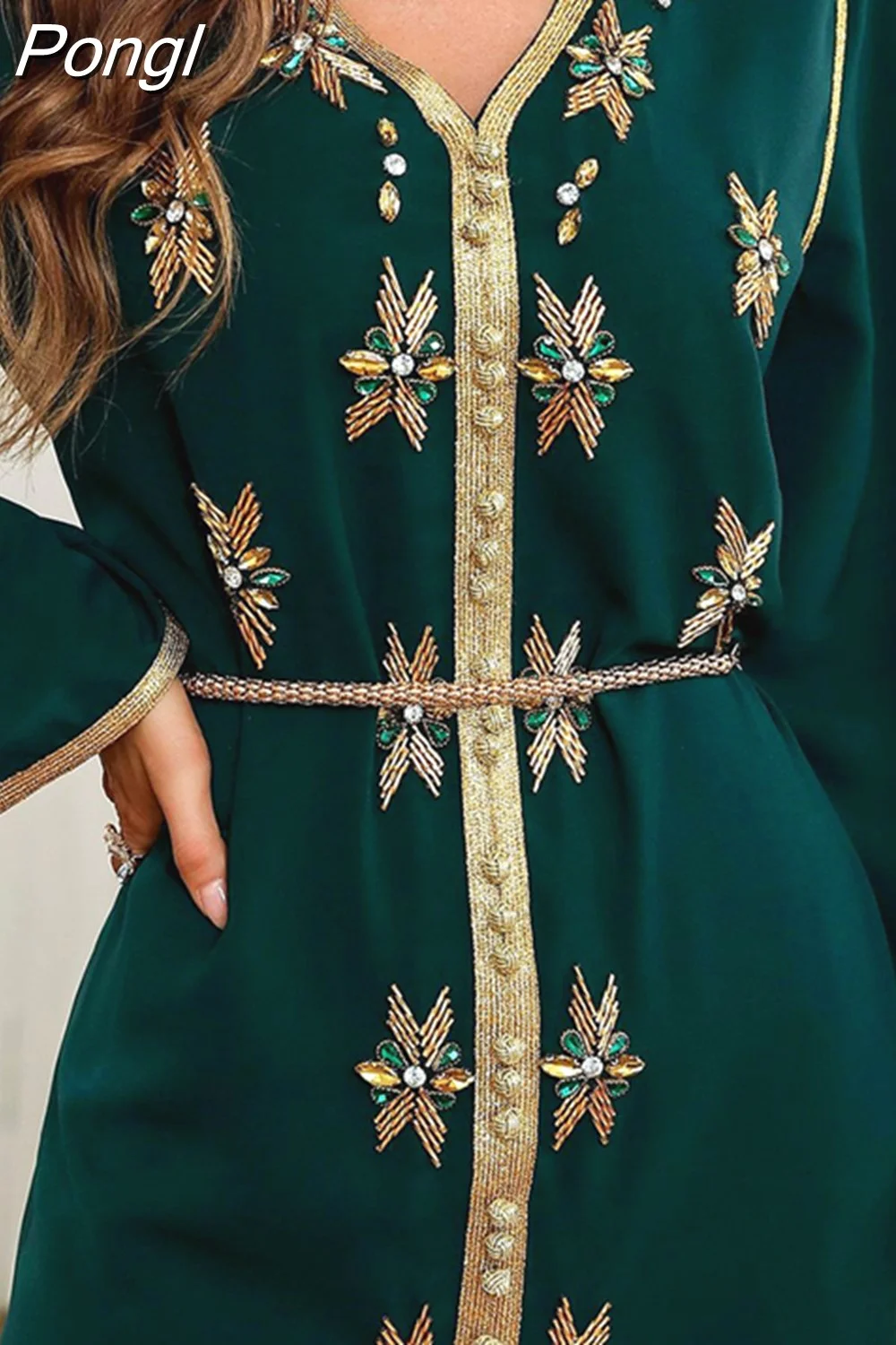 Pongl Festive Dress For Women Luxury Hand-Sewn Gold V Neck Diamond Robe Arabic Oman Dubai Moroccan Belted Kaftan
