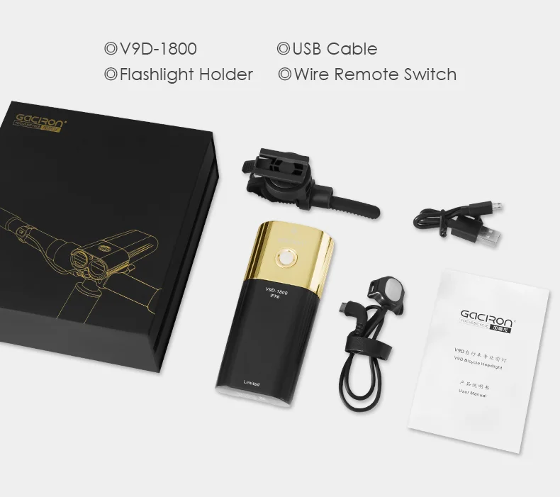 V9D-1800 Gold Professional Bicycle Headlight &Power Bank