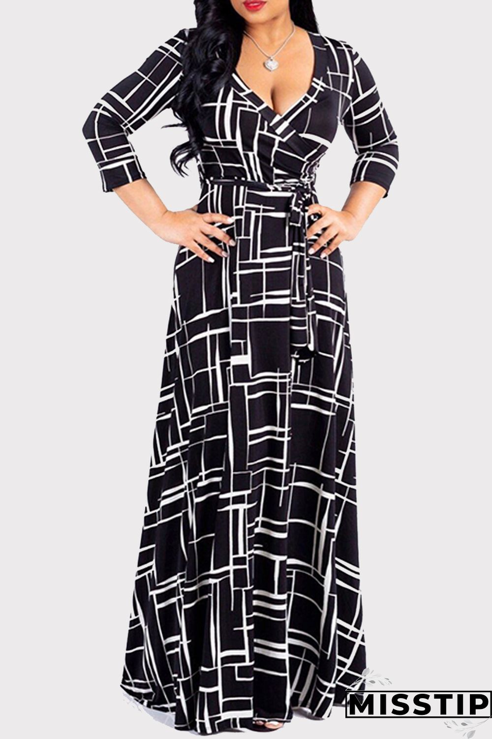 Blue Fashion Casual Print Bandage V Neck Long Sleeve Dresses