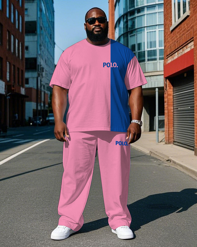 Big Men's Blue & Pink Color Block POLO Printed Casual Short Sleeve T-shirt Pants Set with Drawstring