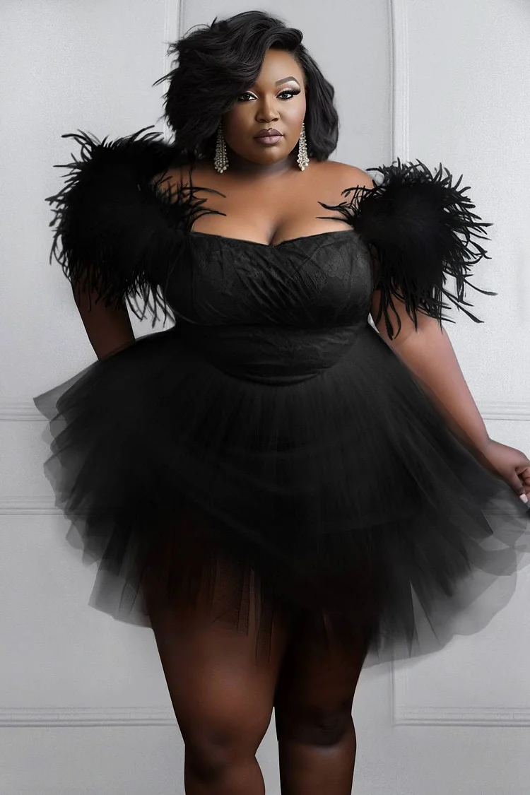 Xpluswear Design Plus Size Party Mini Dresses White Spring Summer Off The  Shoulder Feather Tulle Mini Dresses [Pre-Order]