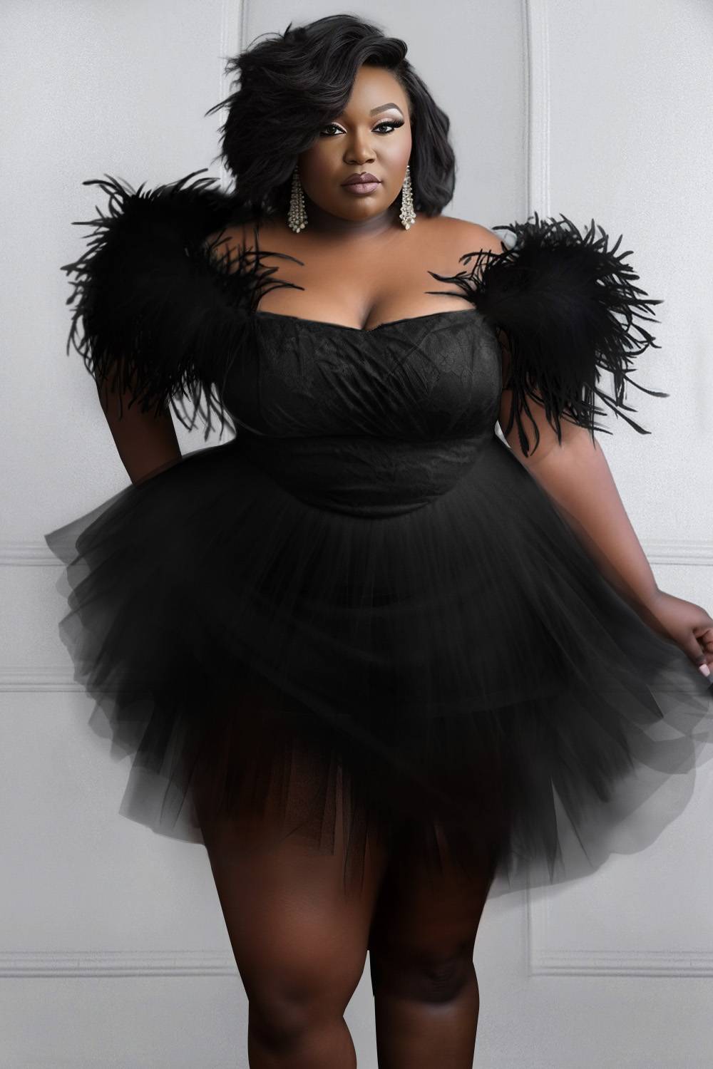 Design Plus Size Party Mini Dresses Black Spring Summer Off The Shoulder Feather Tulle Mini Dresses [Pre-Order]