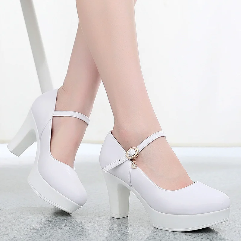 Breakj Breakj Head Buckle Waterproof Table 8CM High Heel Women's Shoes Thick-Soled Model Show Shoes Coarse Heel Work Shoes Silver Single Shoes