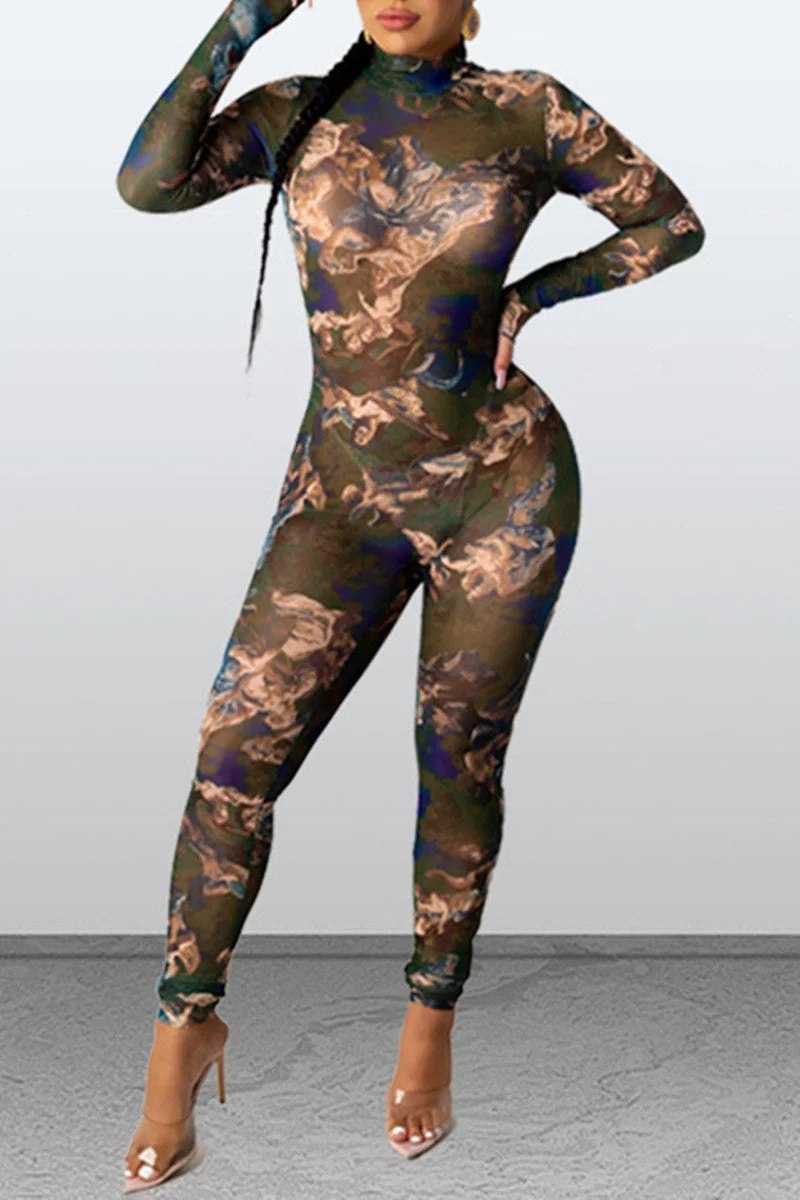 Fashion Sexy Print See-through Turtleneck Regular Jumpsuits