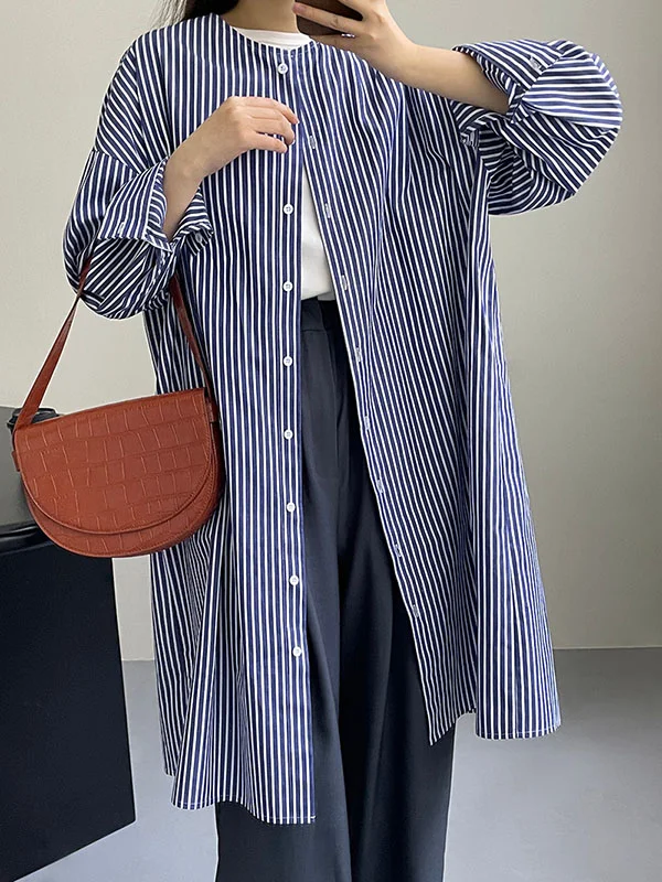 Long Sleeves Loose Striped Round-Neck Midi Dresses Shirt Dress