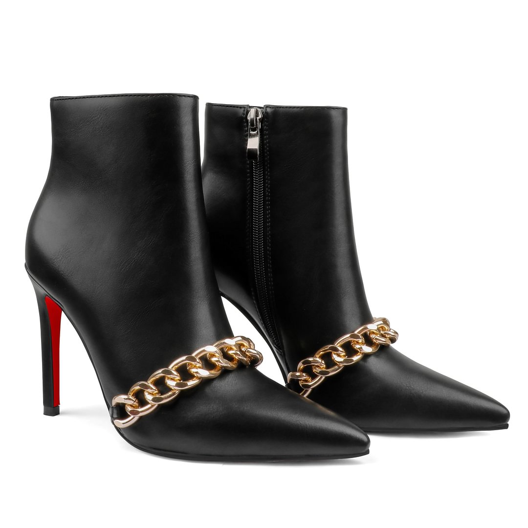Women's Closed Pointed Toe Chain Studded Stiletto Ankle Boots Red Bottom Heels-vocosishoes
