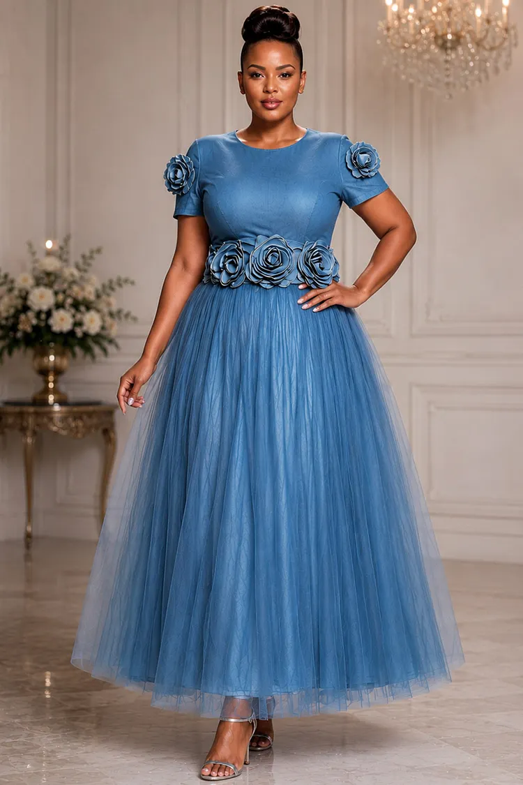 Xpluswear Design Plus Size Wedding Guest Tulle Blue Round Neck Short Sleeve 3D Contrast Tencel Denim Maxi Dresses [Pre-Order] 2024 - Xpluswear
