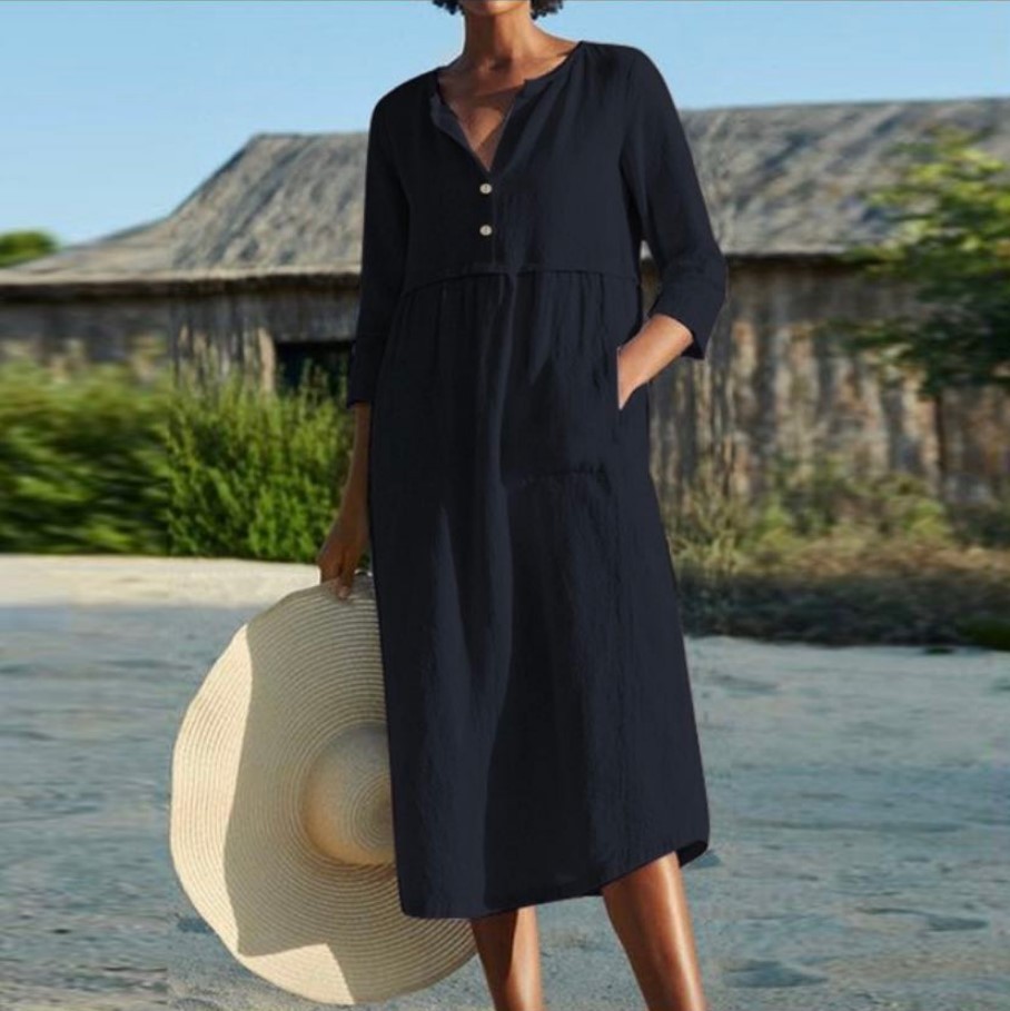 Hubecwheels Spring Summer Women's New Casual Cotton Round Neck Button Pocket Cotton Linen Mid Sleeve Solid Color Dress