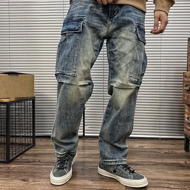 Loose Multi-pocket Straight-leg Red-ear Distressed White Jeans