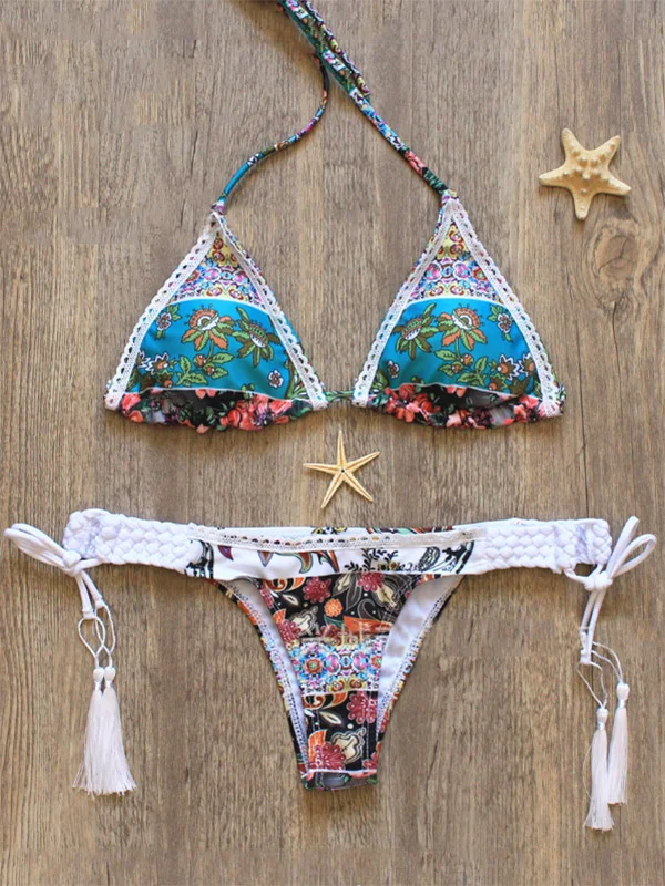 Hand-Woven Tassel Print Bikini Swimsuit